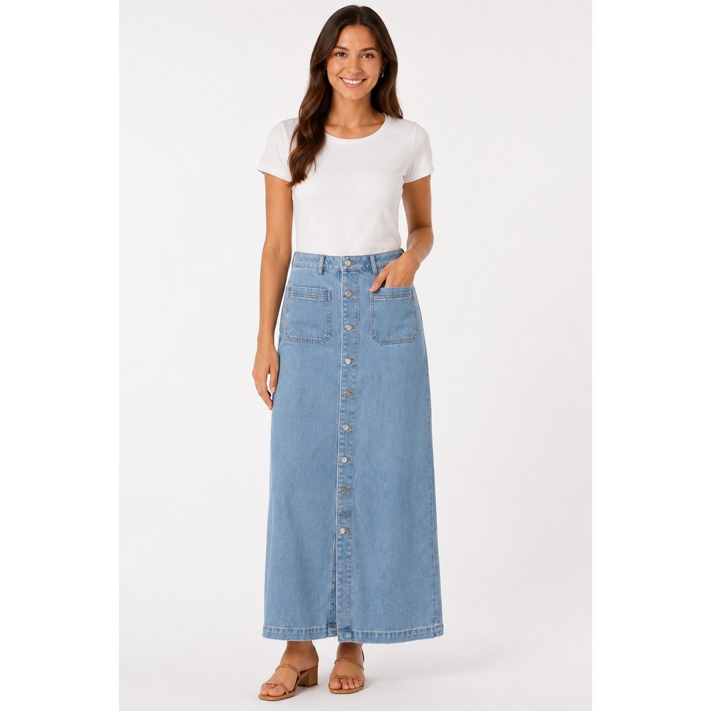 Ann Taylor Factory Denim Maxi Skirt Light Wash Button Front Pockets Size 8 NEW
